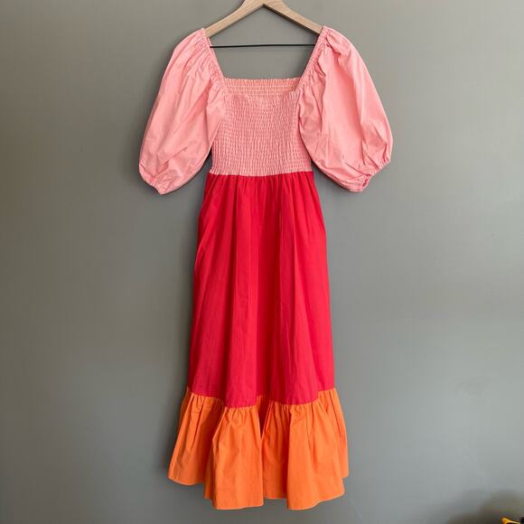 RHODE Eloise Smock Bodice Cotton Maxi Dress Size XS Pink Red Orange Tiered Chic - Picture 10 of 16